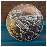 2018 World War I Centennial Silver Dollar :: 90% silver :: 26.730 grams; diameter of 1.5 inches
