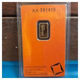 GOLD BAR :: 1 gram .9999 Pure Gold :: Certified Assay :: Valcambi Suisse