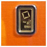 GOLD BAR :: 1 gram .9999 Pure Gold :: Certified Assay :: Valcambi Suisse