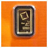 GOLD BAR :: 1 gram .9999 Pure Gold :: Certified Assay :: Valcambi Suisse
