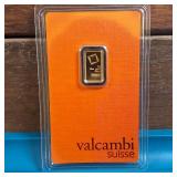 GOLD BAR :: 1 gram .9999 Pure Gold :: Certified Assay :: Valcambi Suisse