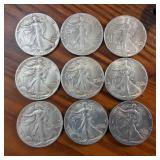 1939-1947 Walking Liberty Half Dollar Sequential Collection of NICE condition 90% Silver (9 coins)