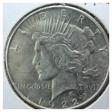 1922 Peace Dollar 90% Silver, 26.73 grams :: Circulated :0.77344 troy ounces silver :: Bright! (VG)