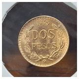 1945 Mexican Dos Pesos (BU) :: 90% fine gold :: 0.0482 troy oz of pure gold (1.666 grams)