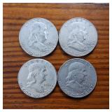 Lot of 4: 1963 Franklin Half Dollars :: 90% silver, 10% copper coin :: .36 oz silver each ::Two Dollar Face