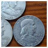 Lot of 3: 1962 Franklin Half Dollars :: 90% silver, 10% copper coin :: .36 oz silver each :: Circulated