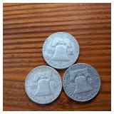 Lot of 3: 1962 Franklin Half Dollars :: 90% silver, 10% copper coin :: .36 oz silver each :: Circulated