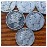 Lot of 10: Various Years Mercury Dimes :: 90% silver in circulated condition : One Dollar Face Value