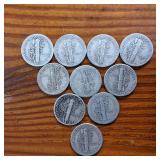 Lot of 10: Various Years Mercury Dimes :: 90% silver in circulated condition : One Dollar Face Value