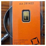 GOLD BAR :: 1 gram .9999 Pure Gold :: Certified Assay :: Valcambi Suisse :: Protective Slip