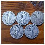 Lot of 5 Coins: 1941-1945 Walking Liberty Half Dollar Sequential Collection  90% Silver ($2.5 Face Value)