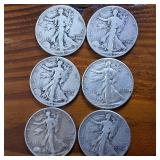 Lot of 6: 1941 (3 coins)  1942 (2 coins)  1944(1 coin) Walking Liberty Half Dollars Circulated 90% Silver : $3 FV