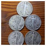 Lot of 5: 1941-45 Walking Liberty Half Dollars :: Circulated 90% Silver :: sequential series