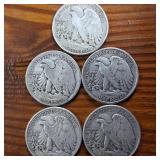 Lot of 5: 1941-45 Walking Liberty Half Dollars :: Circulated 90% Silver :: sequential series