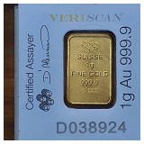 Certified: SUISSE 1 G FINE GOLD 999.9 :: Swiss Made PAMP :: Fine Gold Bar Investment