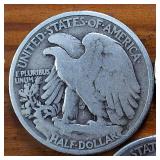 Lot of 3: 1934-35-36 Walking Liberty Half Dollars :: Circulated 90% Silver, 3 coins  1.5 dollars FV