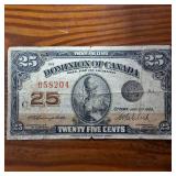 1923 Dominion of Canada 25 Cents Shinplaster Note Campbell/Clark Banknote  circulated Red Serial #