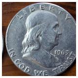 Lot of 4 series: 1960-1963 Franklin Half Dollars :: 90% silver, (Circulated 3 are Denver Mint) :: $2 Face