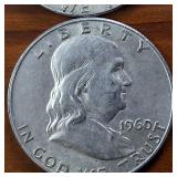 Lot of 4 series: 1960-1963 Franklin Half Dollars :: 90% silver, (Circulated 3 are Denver Mint) :: $2 Face