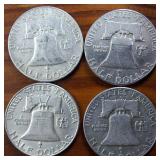 Lot of 4 series: 1960-1963 Franklin Half Dollars :: 90% silver, (Circulated 3 are Denver Mint) :: $2 Face