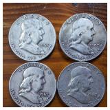 Lot of 4: 1957-D Franklin Half Dollars :: 90% silver, (Circulated  One is Very Fine)  :: $2 Face Value
