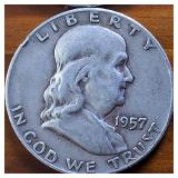Lot of 4: 1957-D Franklin Half Dollars :: 90% silver, (Circulated  One is Very Fine)  :: $2 Face Value