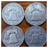 Lot of 4: 1957-D Franklin Half Dollars :: 90% silver, (Circulated  One is Very Fine)  :: $2 Face Value
