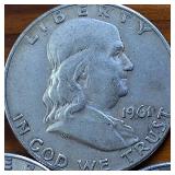 Lot of 3 series: 1961-1963 Franklin Half Dollars :: 90% silver,  $1.5 Face Value 3 circulated coins