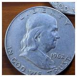 Lot of 3 series: 1961-1963 Franklin Half Dollars :: 90% silver,  $1.5 Face Value 3 circulated coins