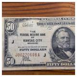 1929 National Currency :: Miscut $50 Note : Fed Reserve of Kansas City MO : Brown Seal!
