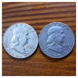 Lot of 2 1963-D Franklin Half Dollars :: 90% silver, 10% copper coin :: .36 oz silver each ::One  Dollar Face