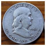 Lot of 4: 1951-54D Franklin Half Dollars :: 90% silver :: .36 oz silver each :: $2 Dollar Face