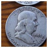 Lot of 4: 1951-54D Franklin Half Dollars :: 90% silver :: .36 oz silver each :: $2 Dollar Face