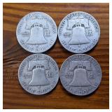 Lot of 4: 1951-54D Franklin Half Dollars :: 90% silver :: .36 oz silver each :: $2 Dollar Face