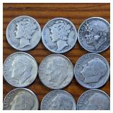 Large Lot of 40: Various Years  90% silver Dimes (2Mercs + Roosevelts) circulated $4 Face Value