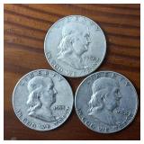 Lot of 3 series: 1952-D 1953-D 1954 Franklin Half Dollars :: 90% silver :: .36 oz silver each :: Nice!