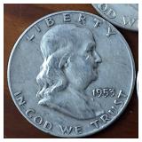 Lot of 3 series: 1952-D 1953-D 1954 Franklin Half Dollars :: 90% silver :: .36 oz silver each :: Nice!