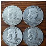 Lot of 4: Good Condition Franklin Half Dollars :: 2x1957-D, 1958-D, 1961-D :: $2 Face Value