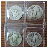 Lot of 4: Very Old 90% Silver Quarters from 1907 - ? 4 Total $1 face value, Barber, Standing Liberty
