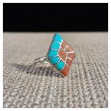 Turquoise and Red Coral - RVB Mark - Size 8 - Native American - Zuni Style Inlay - 2.6g