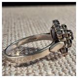 Size 9 Sterling Ring -  Three Tiers Garnet Cluster Ring -  Trilogy ring - 3.9g - January Birthstone