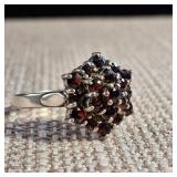 Size 9 Sterling Ring -  Three Tiers Garnet Cluster Ring -  Trilogy ring - 3.9g - January Birthstone