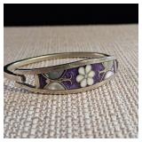 Silver Hinged Cuff Bracelet - Taxco Mexico - Abalone inlay - Butterflies & Flower - 12.9g