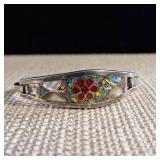 Silver - Hinged - Small [Child] Size - Cuff Bracelet - Abalone Inlay - Butterflies & Flowers - 10.8g