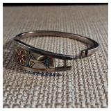 Silver - Hinged - Small [Child] Size - Cuff Bracelet - Abalone Inlay - Butterflies & Flowers - 10.8g