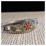 Silver - Hinged - Small [Child] Size - Cuff Bracelet - Abalone Inlay - Butterflies & Flowers - 10.8g