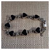 Sterling SIlver and Onyx - Heart Bracelet - Security Chain and Clasp - Mexico  21g