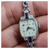 14K White Gold - Vintage "Lady Hamilton" Cocktail Wristwatch Featuring Sapphires and Diamonds - Elegant 22 Jewel - 6 brilliant diamonds (real) - 17.83g total weight
