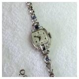 14K White Gold - Vintage "Lady Hamilton" Cocktail Wristwatch Featuring Sapphires and Diamonds - Elegant 22 Jewel - 6 brilliant diamonds (real) - 17.83g total weight