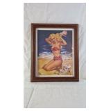 Framed Pin-Up Print – Blonde in Red Polka Dot Bikini on Beach